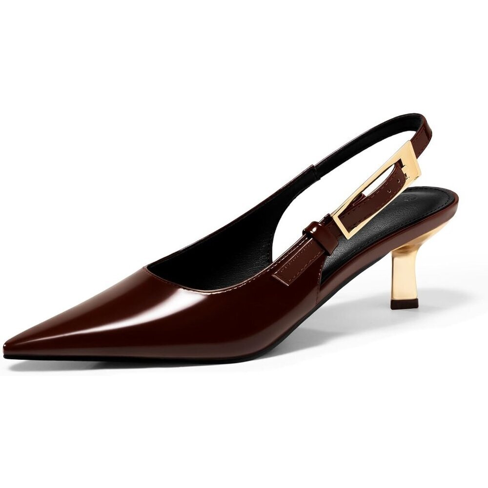 Women's Red Brown Slingback Kitten Heels Closed Pointed Toe Pumps Buckle Strap